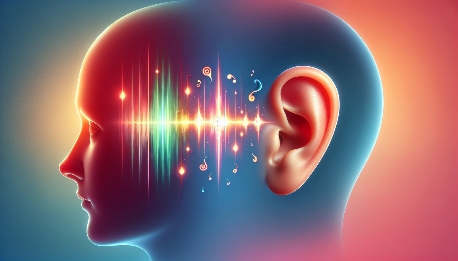 Illustration of human ears with sound waves entering