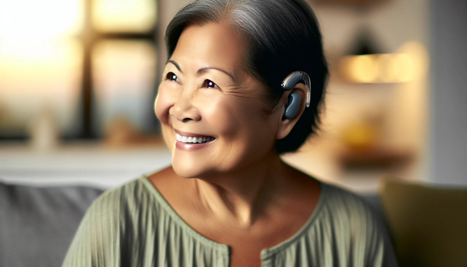 Photo of a person wearing a hearing aid and smiling